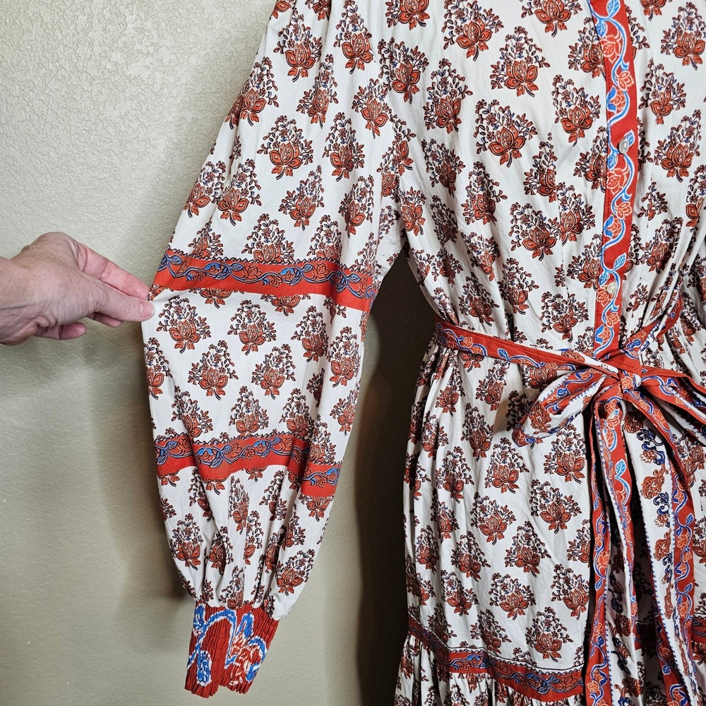 Love Wednesday Savanna BlockPrint Midi Dress Orange Ivory Blue Medium cotton - Picture 5 of 13